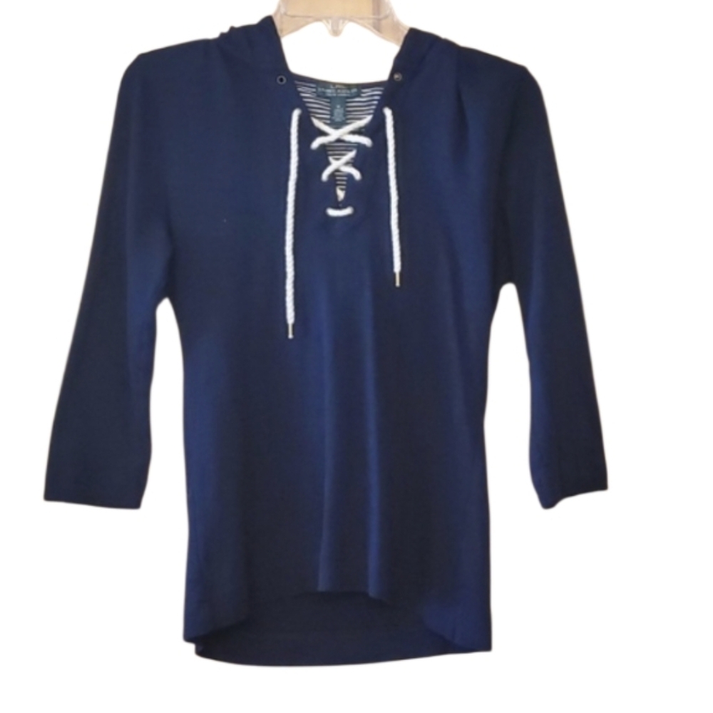 Lauren Jeans Co 3/4 Sleeve Navy Rope  Lace-Up‎ Hoodie Size medium